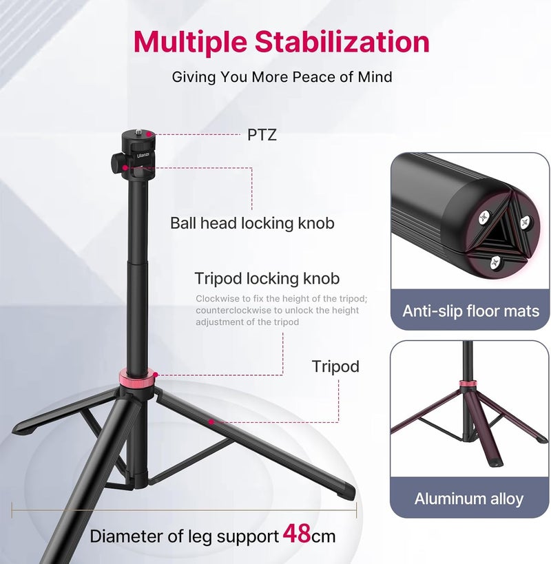 VIJIM MT-79 Extendable Photography Light Stand, 81" Portable Adjustable Light Tripod with 1/4" Screw, 360° Ball Head Camera Phone Tripod for Continute Output Lighting, Webcams, Cameras,for Pocket3 - Image 5